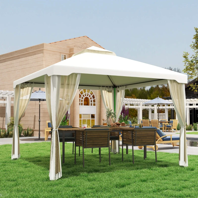 Outsunny Cenador de Jardín 3x3 m Pabellón de Exterior con Doble Techo de Ventilación 4 Cortinas Mosquiteras Laterales con Cremallera 8 Orificios de Drenaje Gazebo para Fiestas Patio Crema