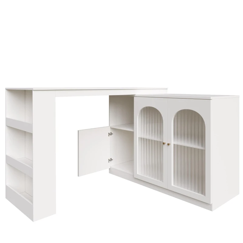 Modern 360° Rotating Bar Table with Glass Door, Metal Handles, Multifunctional Storage Cabinet with Open Shelves, 120L x 120W x 97H cm, White