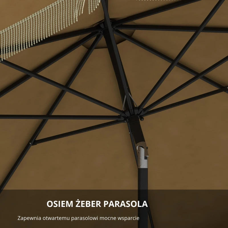 Outsunny Parasol z Ozdobnymi Frędzlami, Ø265 cm, Nachylany, Dwuczęściowy Metalowy Maszt, Wentylacja, Khaki/Czarny