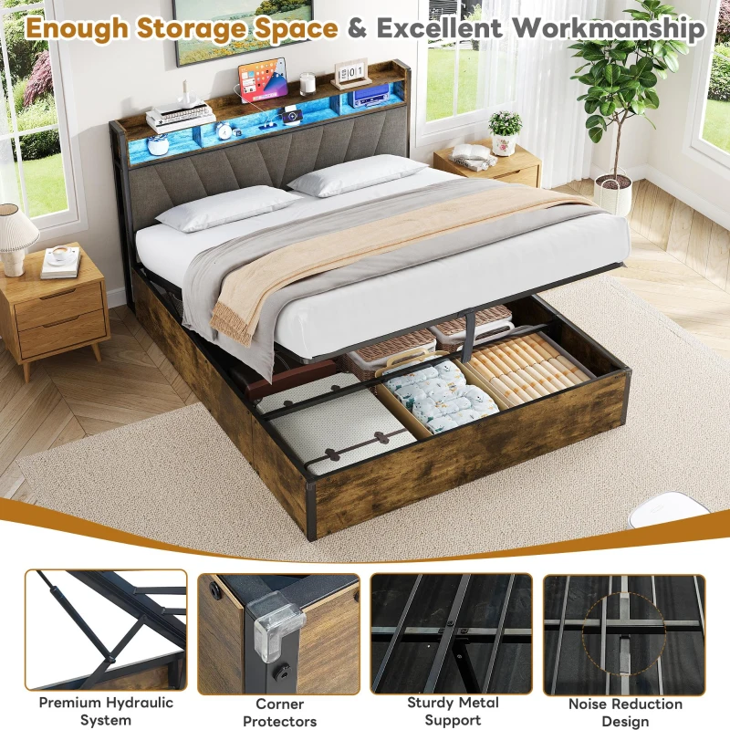 Double Bed Frame with RGB LED Headboard, Charging Station, Hydraulic Storage Bed with Linen Fabric, 205L x 136W x 109H cm, Black+Walnut
