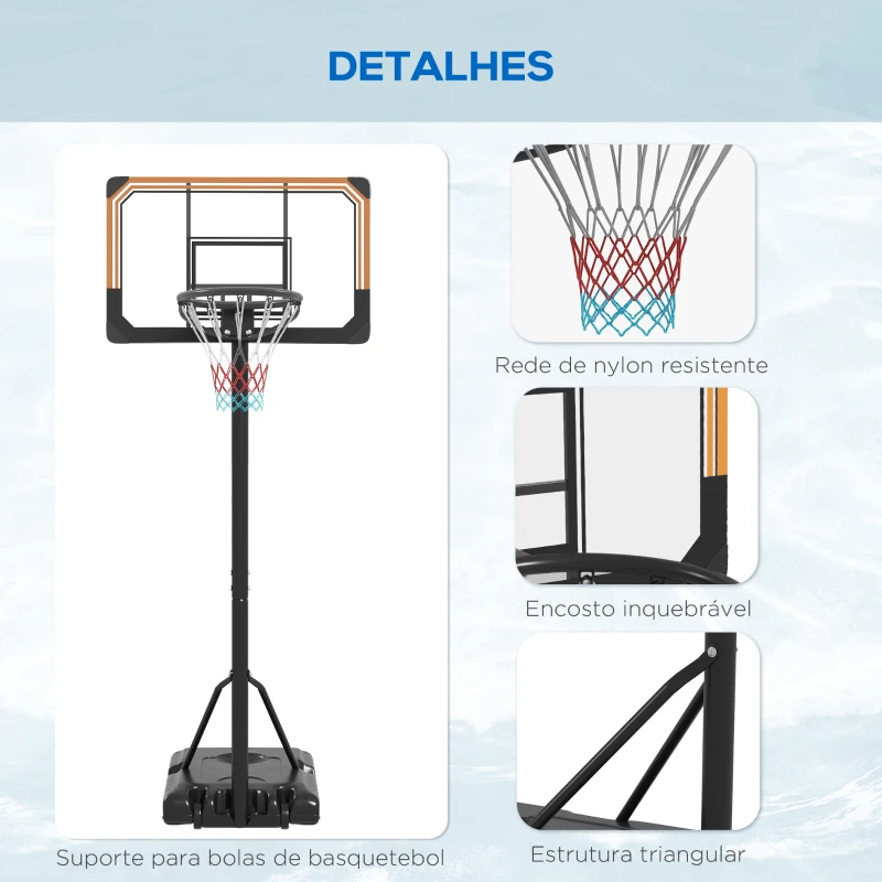 SPORTNOW Tabela de Basquetebol de Exterior com Altura Ajustável 235-264 cm Suporte para Bola Rodas e Base Recarregável Preto