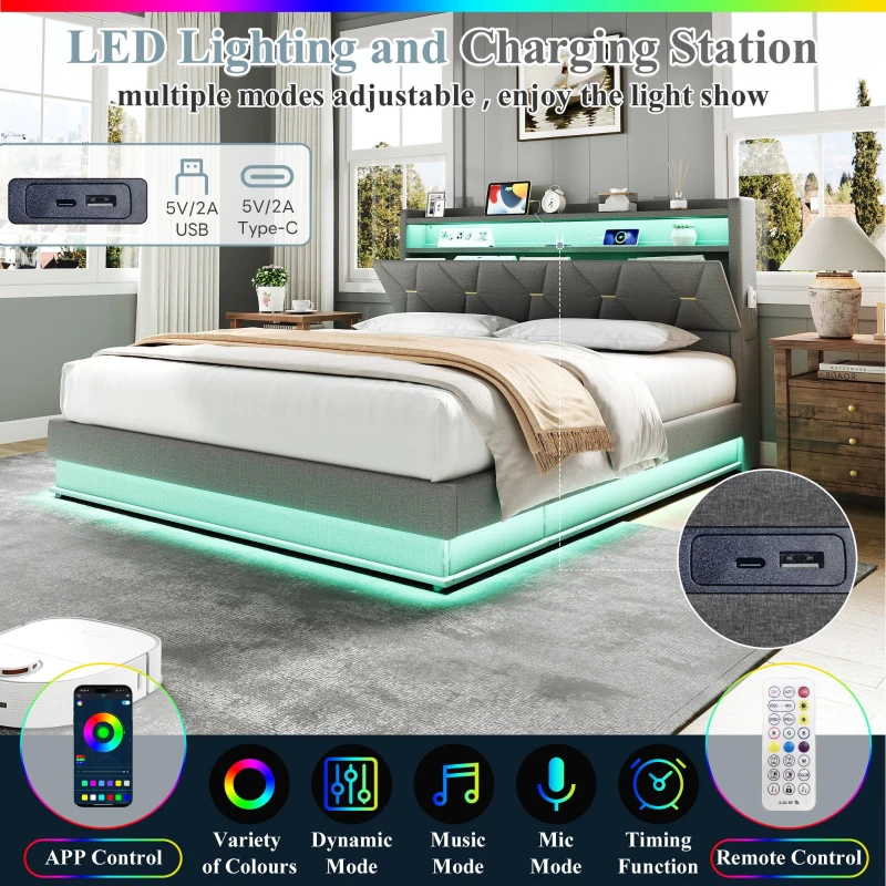 Modern Upholstered Double Bed with Hydraulic Storage, LED Headboard, Charging Station, USB and Type-C Ports, 206L x 137W x 110H cm, Grey