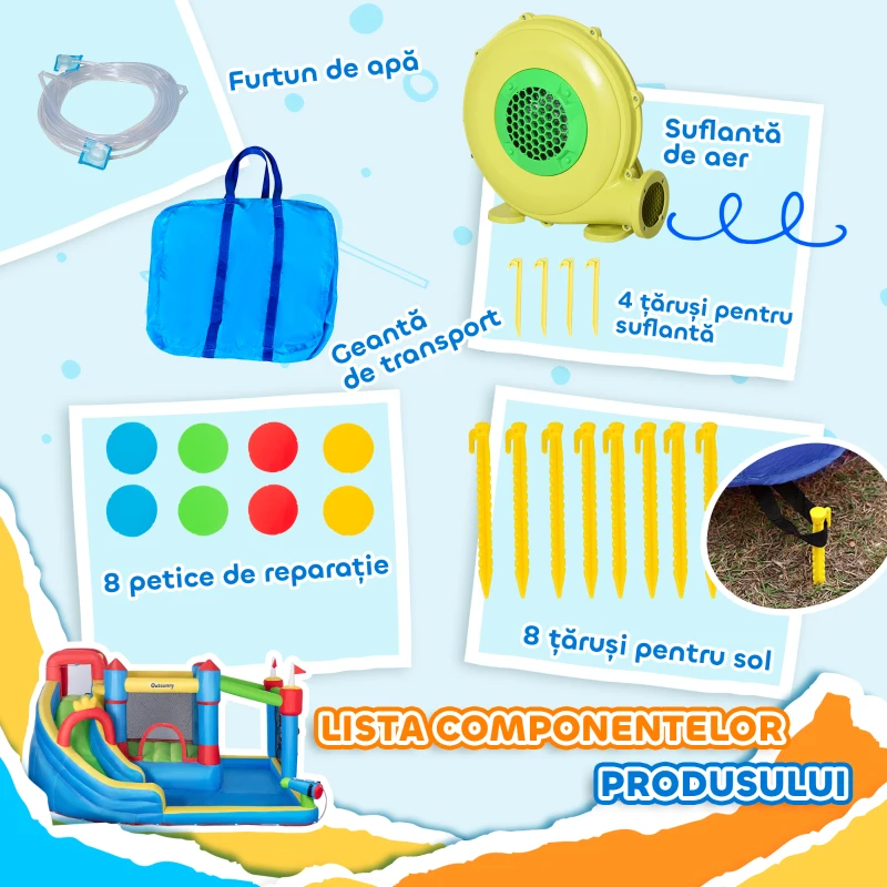 Outsunny Castelul gonflabil pentru copii 5 in 1 , cu sac de transport pentru pompa,pentru copii de 3-8 ani, 3,9 x 3 x 2 m