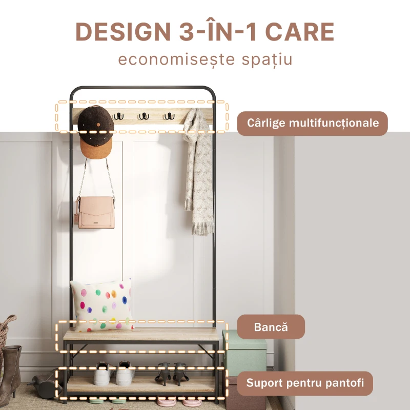 HOMCOM Cuier cu Banca si Suport Pantofi in Stil Industrial Mobil pentru Intrare