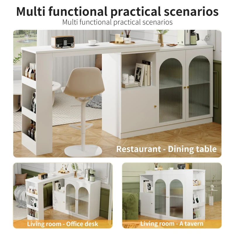 Modern 360° Rotating Bar Table with Glass Door, Metal Handles, Multifunctional Storage Cabinet with Open Shelves, 120L x 120W x 97H cm, White