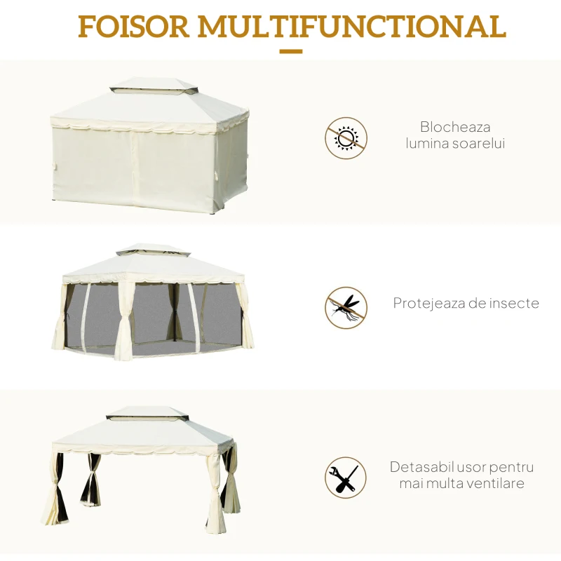 Foisor Outsunny cu Acoperis dublu, Plasa de tantari, Perdele laterale, culoare crema alba 3x4m