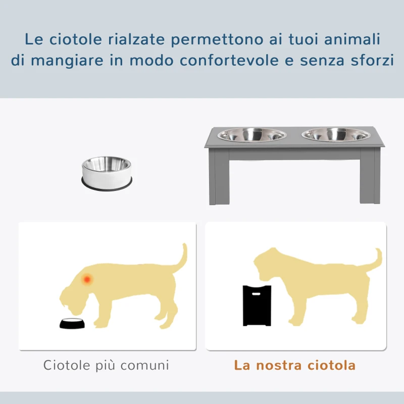 PawHut Ciotole Rialzate per Cani Taglia Piccola, Supporto in MDF con 2 Ciotole in Acciaio, Grigio