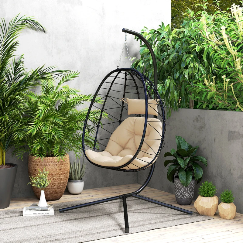 Outsunny Cadeira Suspensa com Suporte Baloiço Jardim com Cesto Dobrável Almofada e Apoio de Cabeça 98x95x198 cm Caqui