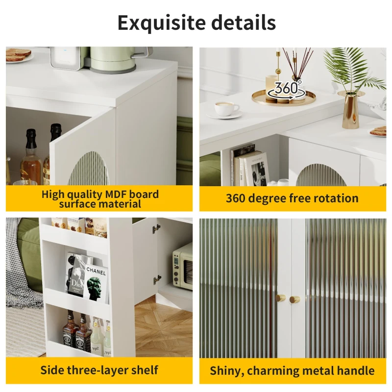 Modern 360° Rotating Bar Table with Glass Door, Metal Handles, Multifunctional Storage Cabinet with Open Shelves, 120L x 120W x 97H cm, White