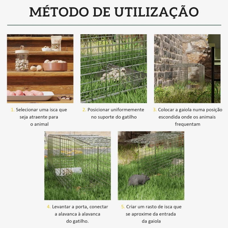 Outsunny Armadilha para Animais Vivos Dobrável 81x26x34,5 cm Gaiola de Captura com Porta e Alça para Coelhos Roedores Prata
