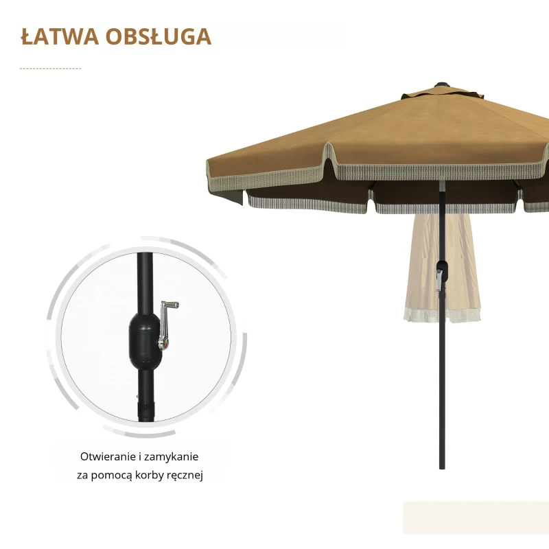 Outsunny Parasol z Ozdobnymi Frędzlami, Ø265 cm, Nachylany, Dwuczęściowy Metalowy Maszt, Wentylacja, Khaki/Czarny