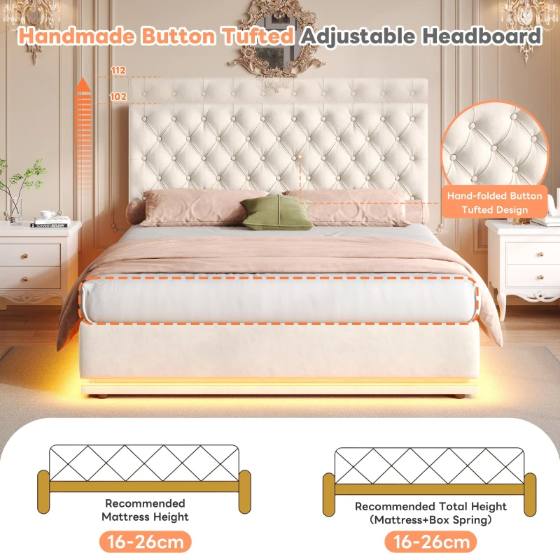 Ottoman Double Bed with LED Lighting, Adjustable Headboard, Velvet Upholstered Bed with Hydraulic Storage, 195L x 142W x 102-112H cm, Beige