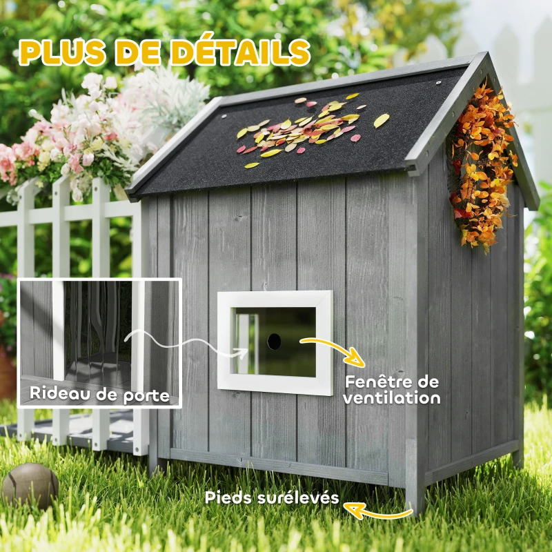 PawHut Niche pour chien extérieur en bois maison chien extérieur avec terrasse, porte à lamelles, 106 x 62,5 x 80,5 cm, gris