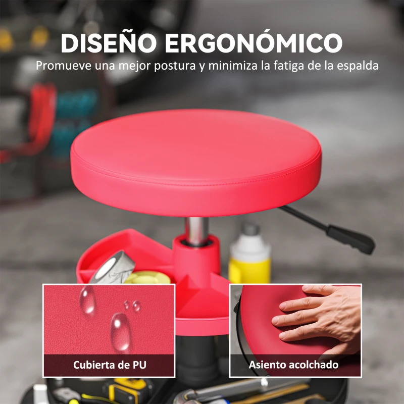 HOMCOM Taburete de Taller Giratorio con Ruedas Altura Ajustable de 40-51 cm y 2 Bandejas Carga 135 kg para Garaje Rojo