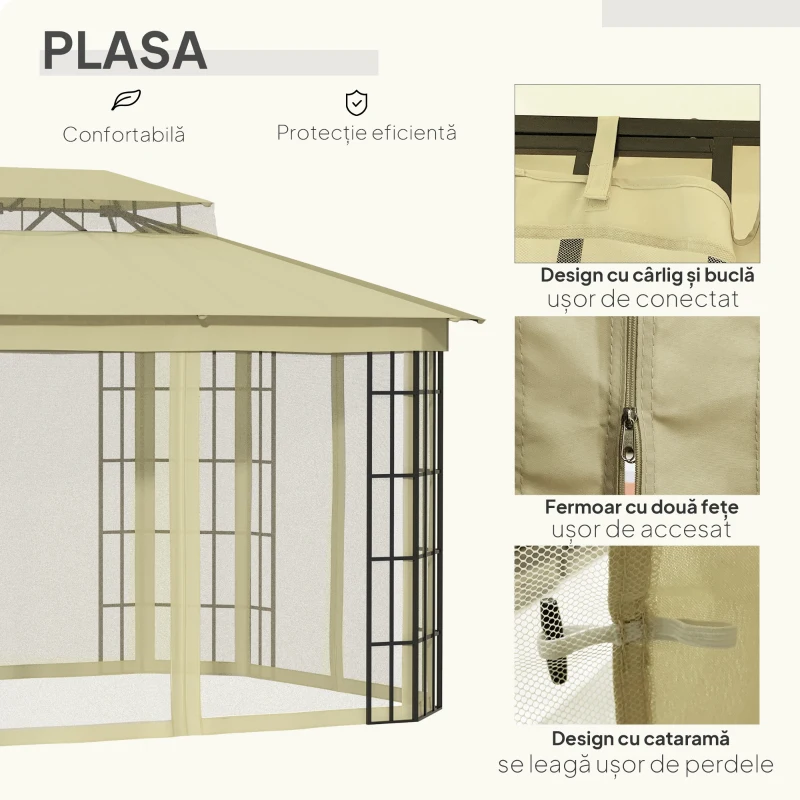 Outsunny Foisor de Gradina 3.65x3 m cu Plasa de tantari si Acoperis pe 2 Nivele din Poliester, Structura din Metal, Negru
