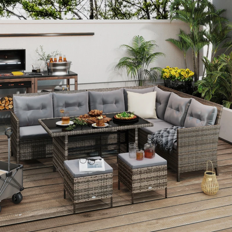 Outsunny Gartenmöbel-Set aus PE-Rattan, für 5 Personen, Rattan-Lounge-Set, abnehmbare Polster, Grau + Braun