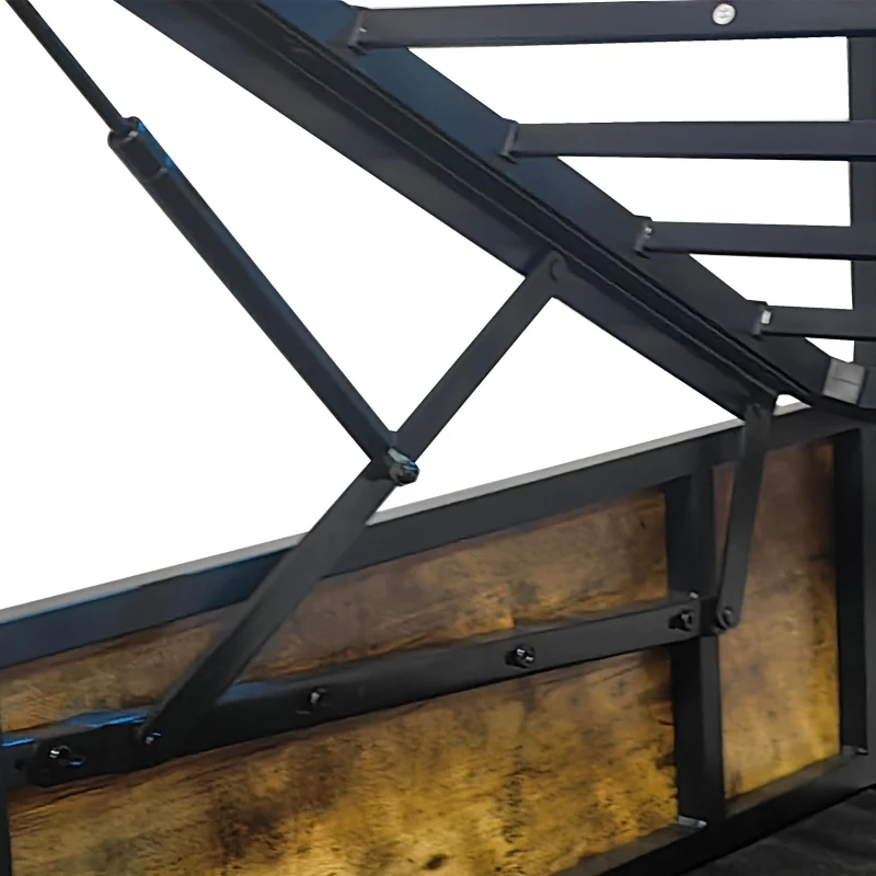 Double Bed Frame with RGB LED Headboard, Charging Station, Hydraulic Storage Bed with Linen Fabric, 205L x 136W x 109H cm, Black+Walnut