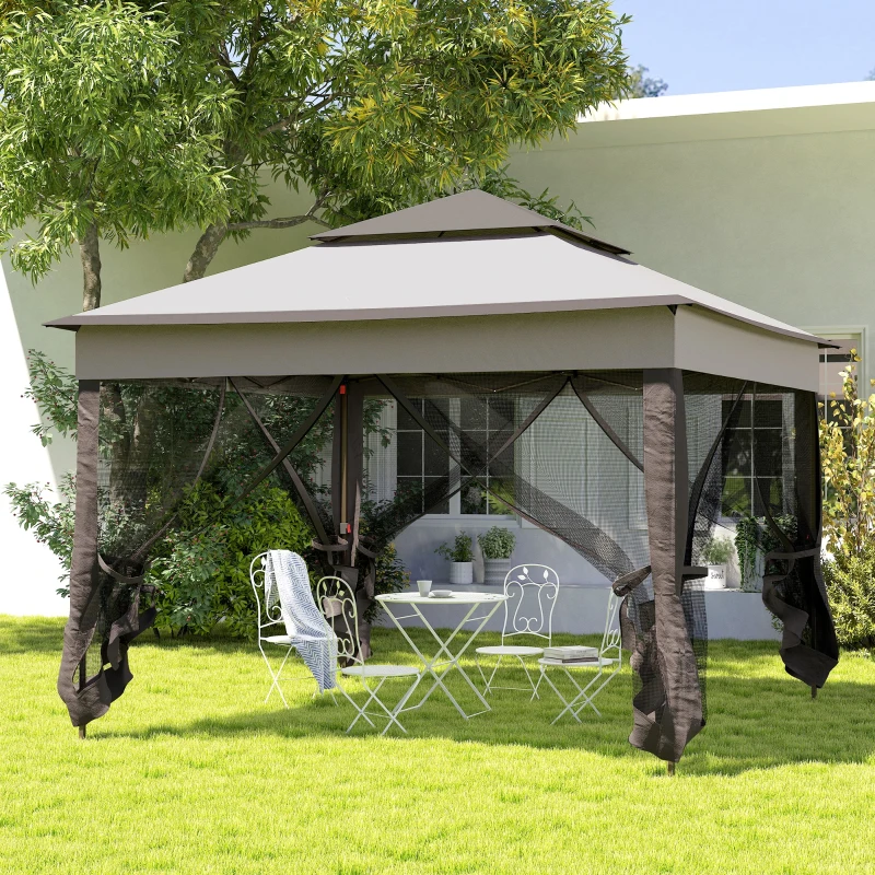 Outsunny Tenda Dobrável Exterior 325x325x270 cm Tenda de Jardim com Teto Duplo Rede Mosquiteira Amovível e Bolsa de Transporte Cinza