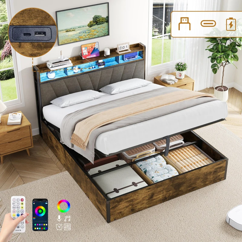 Double Bed Frame with RGB LED Headboard, Charging Station, Hydraulic Storage Bed with Linen Fabric, 205L x 136W x 109H cm, Black+Walnut