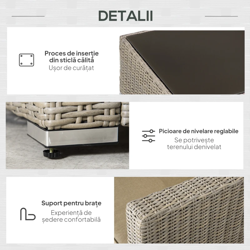 Outsunny Set Mobila de Gradina 4 Piese din Ratan PE, Salon de Exterior cu 1 Canapea, 2 Fotolii, 1 Masuta si  Perne Detasabile si Lavabile, Kaki si Bej