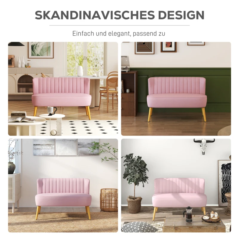 HOMCOM 2-Sitzer Stoffsofa Polstersofa Doppelsofa Sitzmöbel Loungesofa Holz Samtartiges Polyster Schaumstoff Rosa 117 x 56,5 x 77 cm