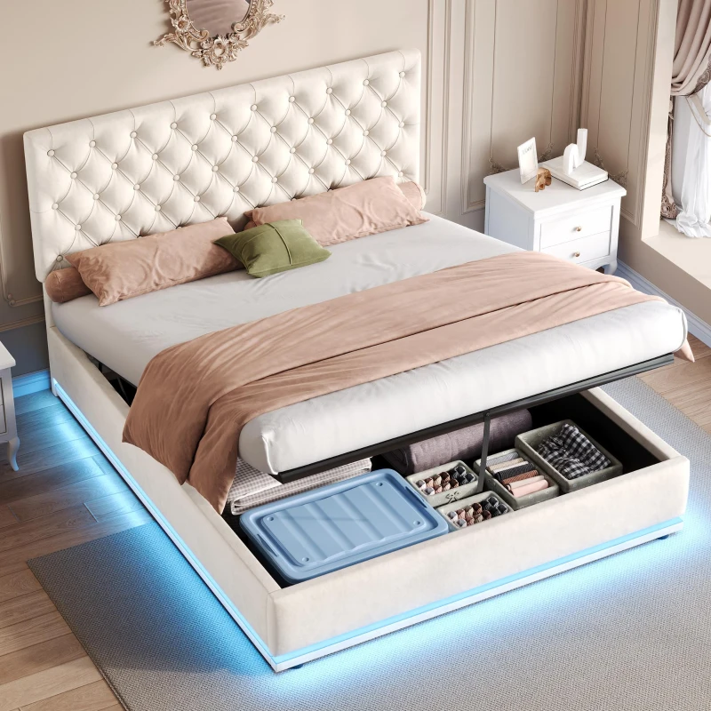 Ottoman Double Bed with LED Lighting, Adjustable Headboard, Velvet Upholstered Bed with Hydraulic Storage, 195L x 142W x 102-112H cm, Beige