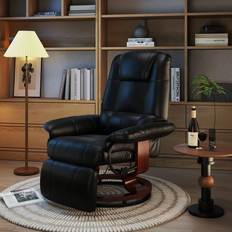 HOMCOM Fauteuil relax inclinable fauteuil de salon repose-pieds réglable pivotant 360° piètement bois revêtement synthétique noir(m-8)