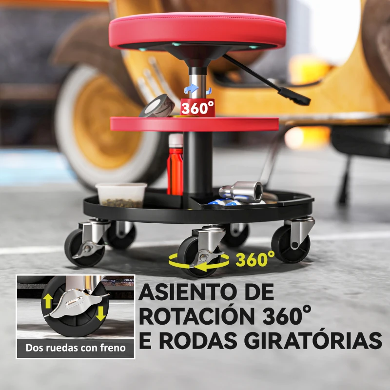 HOMCOM Taburete de Taller Giratorio con Ruedas Altura Ajustable de 40-51 cm y 2 Bandejas Carga 135 kg para Garaje Rojo