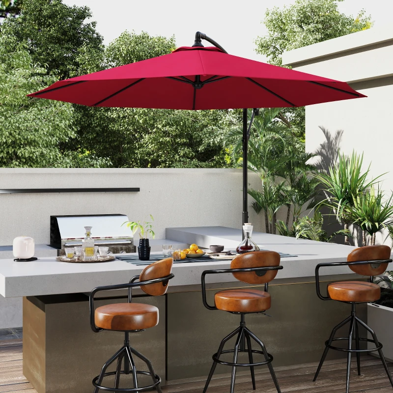 Outsunny Parasol déporté octogonal inclinable manivelle avec pied en acier Ø 3 x 2,5H m rouge vineux