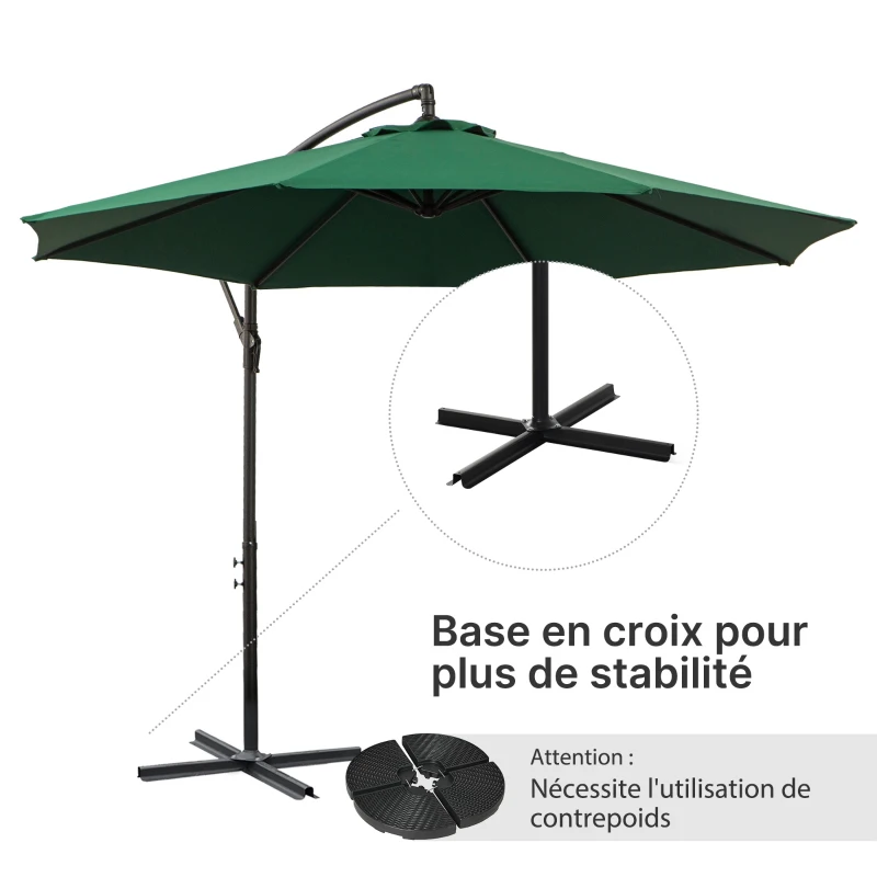 Outsunny Parasol déporté octogonal inclinable manivelle avec pied en acier Ø 3 x 2,5H m vert