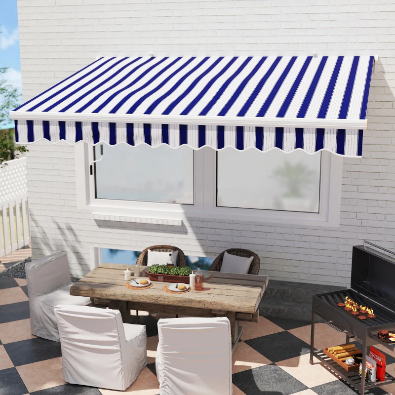 Outsunny Marquise, Protection Solaire, rétractable, avec manivelle, cadre en métal, polyester, bleu + blanc, 3,95 x 2,45 x 3,50 m
