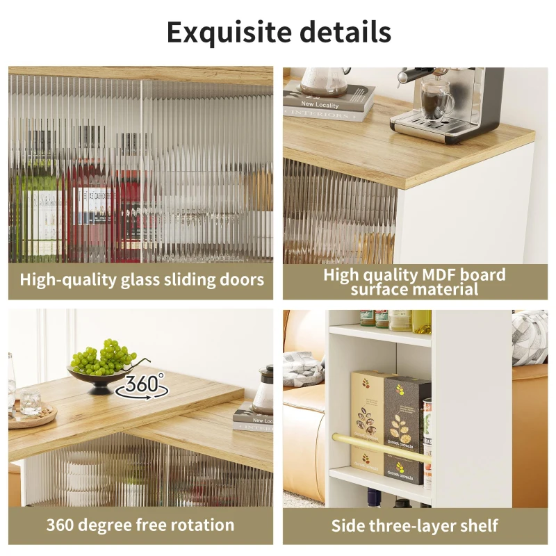Multifunctional Bar Cabinet with Sliding Glass Doors, Versatile Storage, 360° Rotating Bar Table for Dining Room, 90L x 120W x 100H cm, White