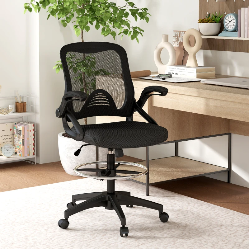 Vinsetto Biurowy Fotel Obrotowy Krzesło do Biurka ze Stanowiskiem Stojącym z Podnóżkiem Obrotowe Stalowe Czarne 64 x 60 x 106-126cm