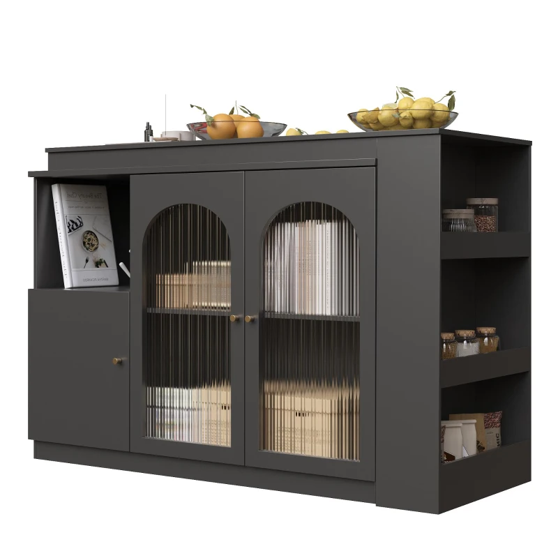 360° Rotating Bar Table with Multifunctional Storage, Metal Handles, Modern Dining Bar Cabinet with Glass Doors, 120L x 120W x 97H cm, Black