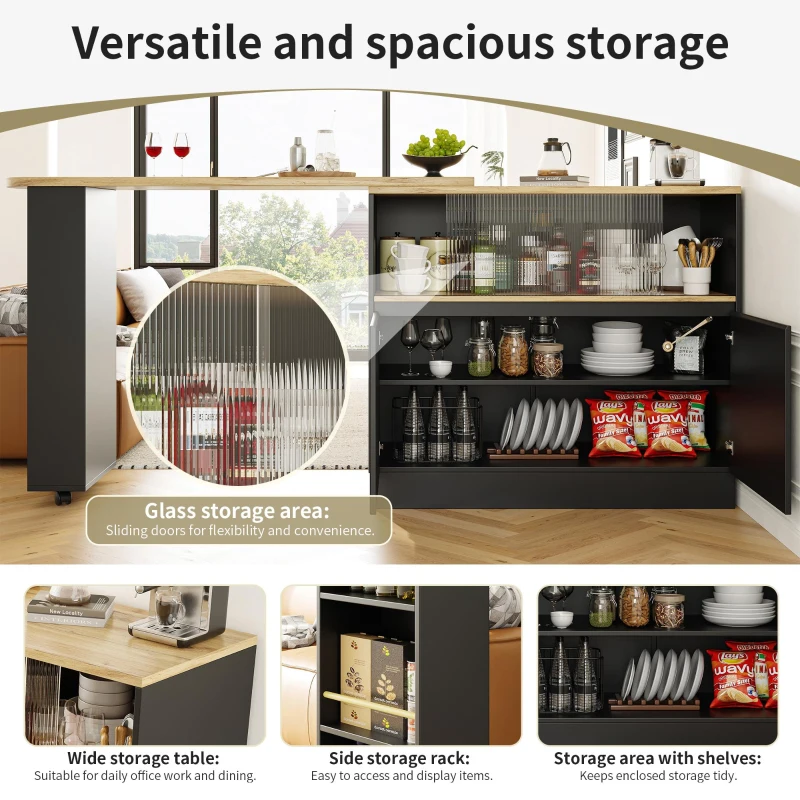 360° Swivelling Dining Bar Cabinet with Sliding Glass Doors, Open Shelves, Rotating Bar Table for Dining Room, 90L x 120W x 100H cm, Black