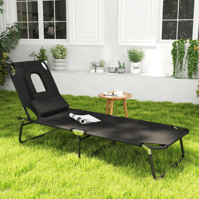 Outsunny Outdoor Folding Sun Lounger with Face Hole, 4 Level Adjustable Backrest Reclining Garden Lounger, Garden Recliner Sunbed with 600 D Oxford Cloth Seat and Pillow for Beach, Black