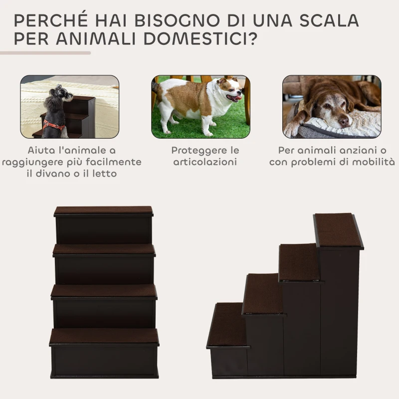 PawHut Scaletta per Cani e Gatti a 4 Scalini con Cuscini in Peluche Rimovibili, 40x59x54.2 cm, Marrone