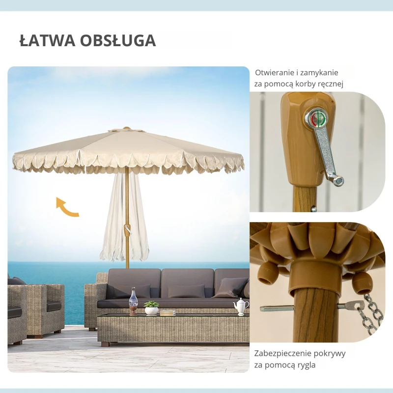 Parasol Outsunny z frędzlami, nachylany, z korbką, stal+poliester, khaki, Ø264 x 240 cm