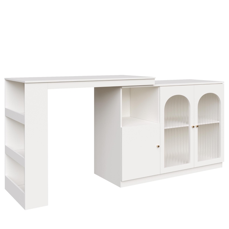 Modern 360° Rotating Bar Table with Glass Door, Metal Handles, Multifunctional Storage Cabinet with Open Shelves, 120L x 120W x 97H cm, White