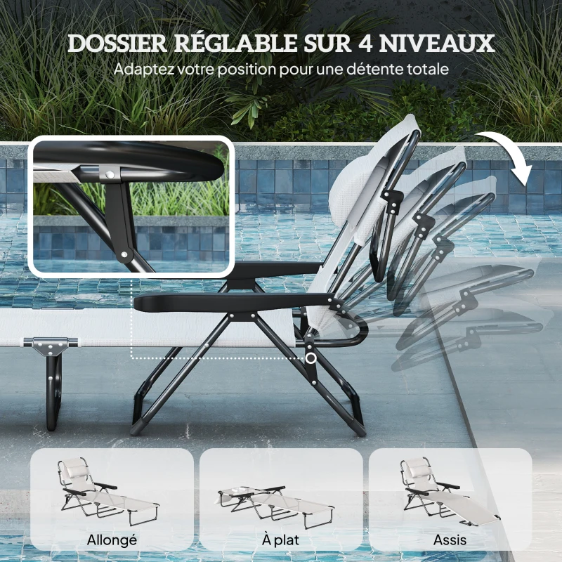 Outsunny Chaise longue de jardin pliante dossier réglable sur 4 niveaux, trou de lecture et appui-tête 72 x 194 x 89 cm crème