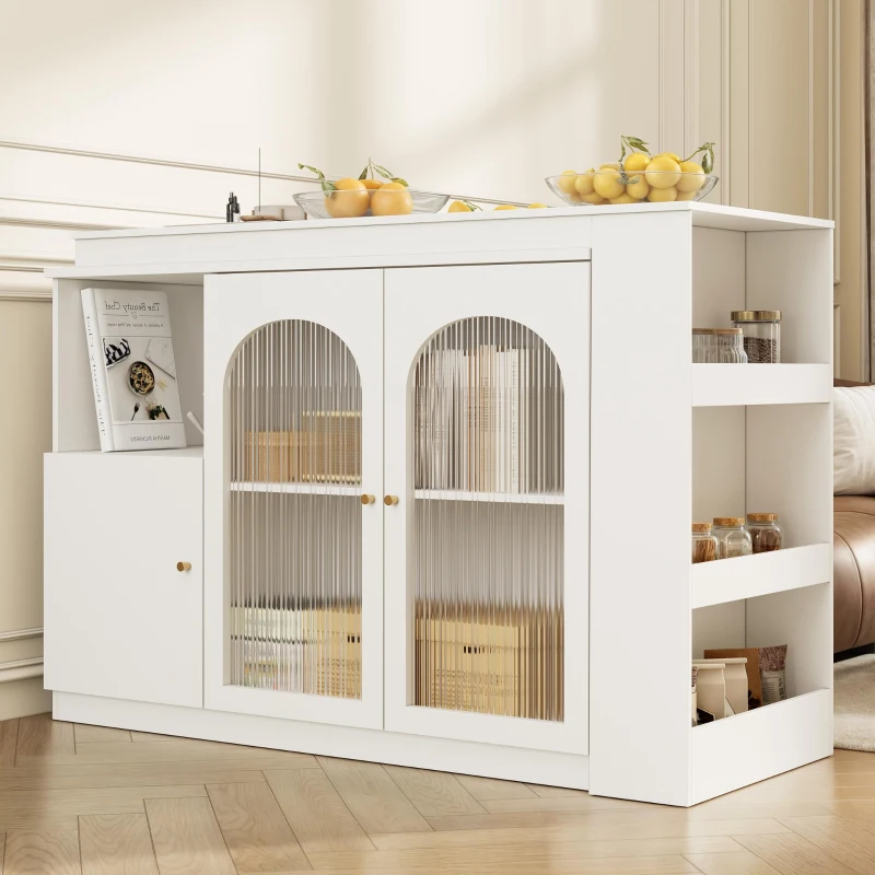 Modern 360° Rotating Bar Table with Glass Door, Metal Handles, Multifunctional Storage Cabinet with Open Shelves, 120L x 120W x 97H cm, White