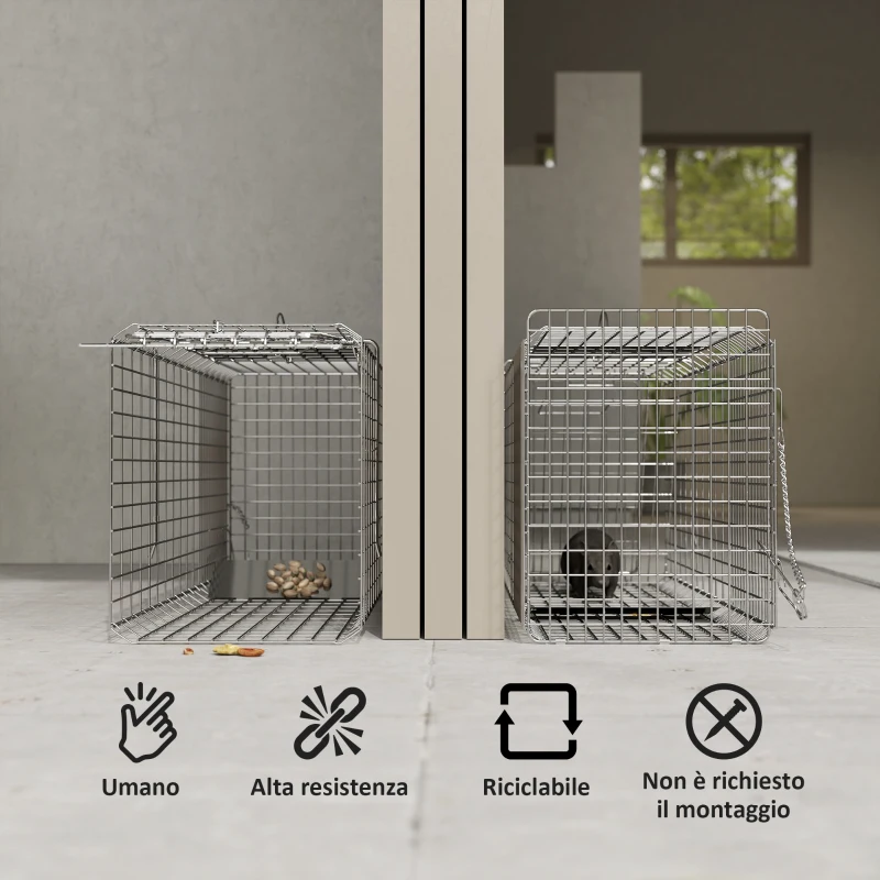 Outsunny Gabbia Trappola per Animali Vivi Pieghevole in Acciaio, 81x26x34.5cm, Argento