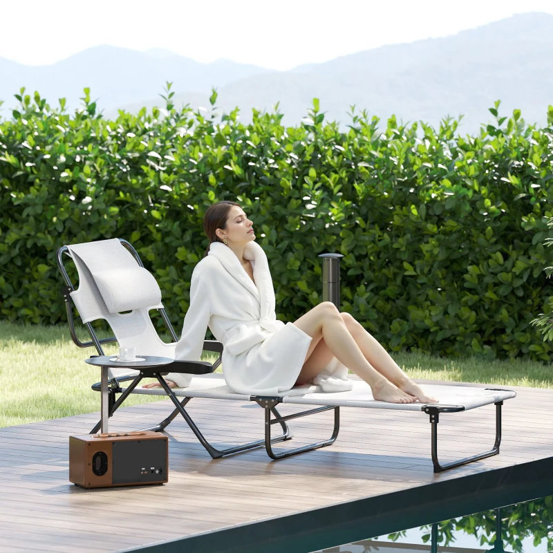 Outsunny Chaise longue de jardin pliante dossier réglable sur 4 niveaux, trou de lecture et appui-tête 72 x 194 x 89 cm crème