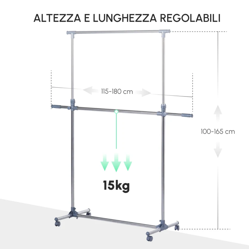 HOMCOM Stender Appendiabiti con Altezza ed Estensione Regolabili, 4 Ruote Girevoli, Acciaio Inox e ABS, 165x48x180cm
