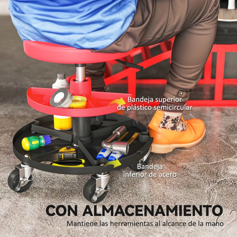 HOMCOM Taburete de Taller Giratorio con Ruedas Altura Ajustable de 40-51 cm y 2 Bandejas Carga 135 kg para Garaje Rojo