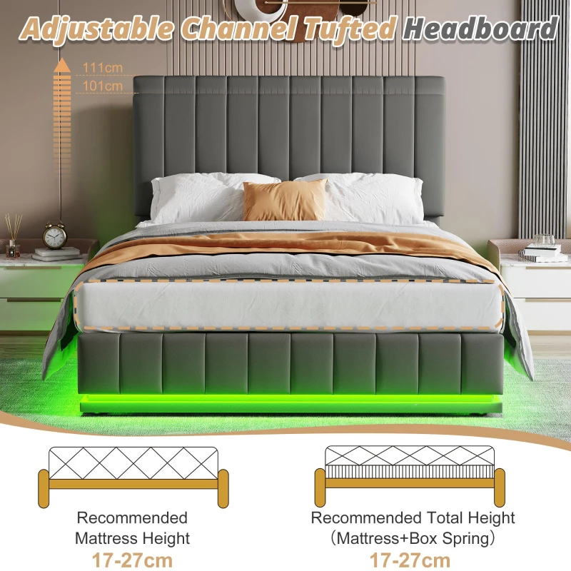 Ottoman Double Bed with Hydraulic Storage, LED Lighting, PU Leather, Bed Frame with Adjustable Headboard, 193L x 142W x 101-111H cm, Grey