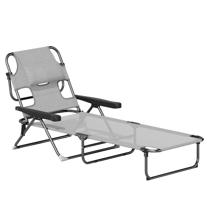 Outsunny Chaise longue de jardin pliante dossier réglable sur 4 niveaux, trou de lecture et appui-tête 72L x 194l x 89H cm Gris