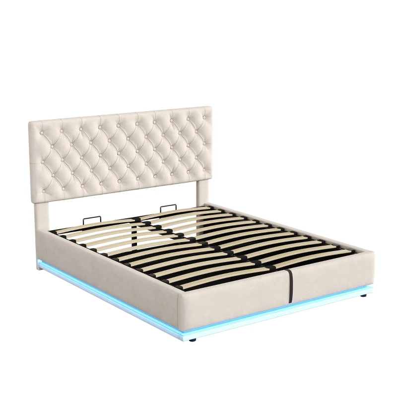 Ottoman Double Bed with LED Lighting, Adjustable Headboard, Velvet Upholstered Bed with Hydraulic Storage, 195L x 142W x 102-112H cm, Beige