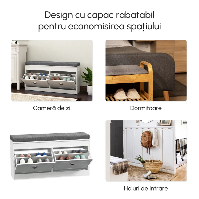 Homcom Bancheta Pantofar Lemn – Cu Sertare, Perna & Raft 8 Perechi