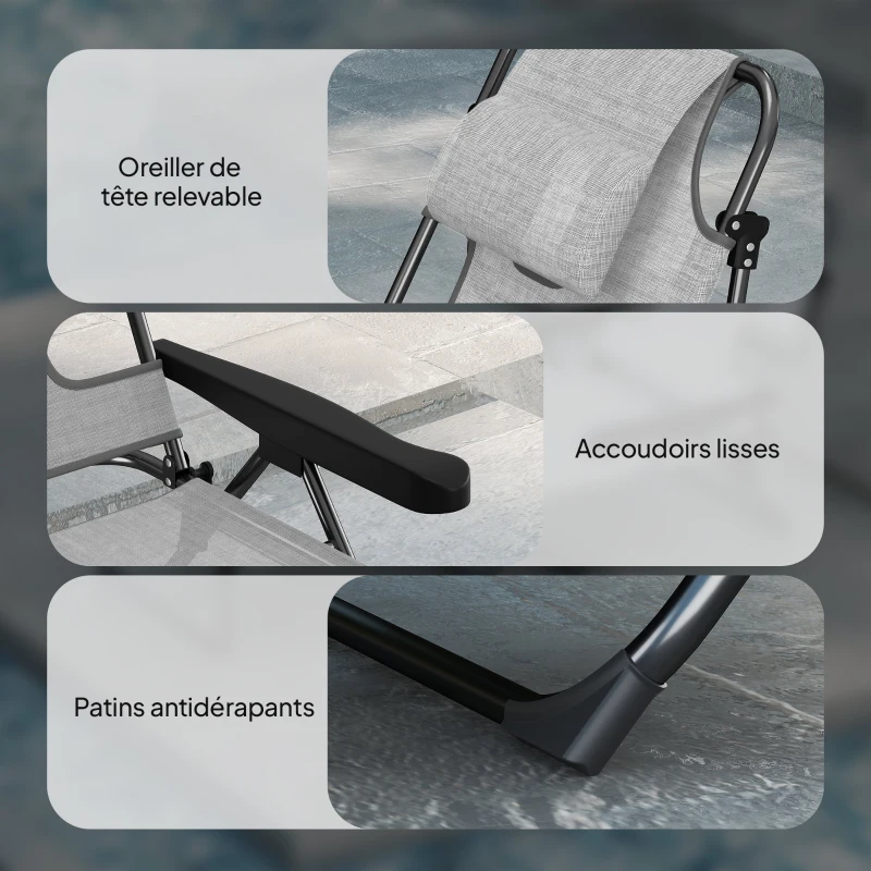 Outsunny Chaise longue de jardin pliante dossier réglable sur 4 niveaux, trou de lecture et appui-tête 72L x 194l x 89H cm Gris